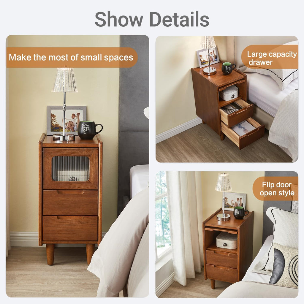 Rubberwood Nightstand with Fluted Glass Door