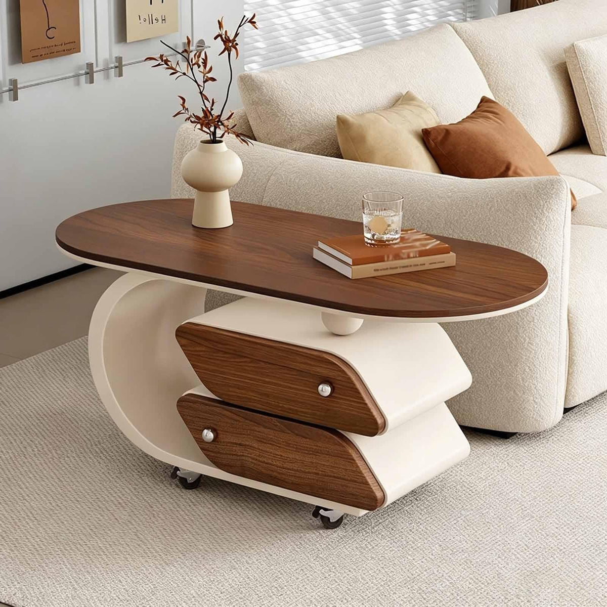 Rolling Wood-Top Storage Side Table