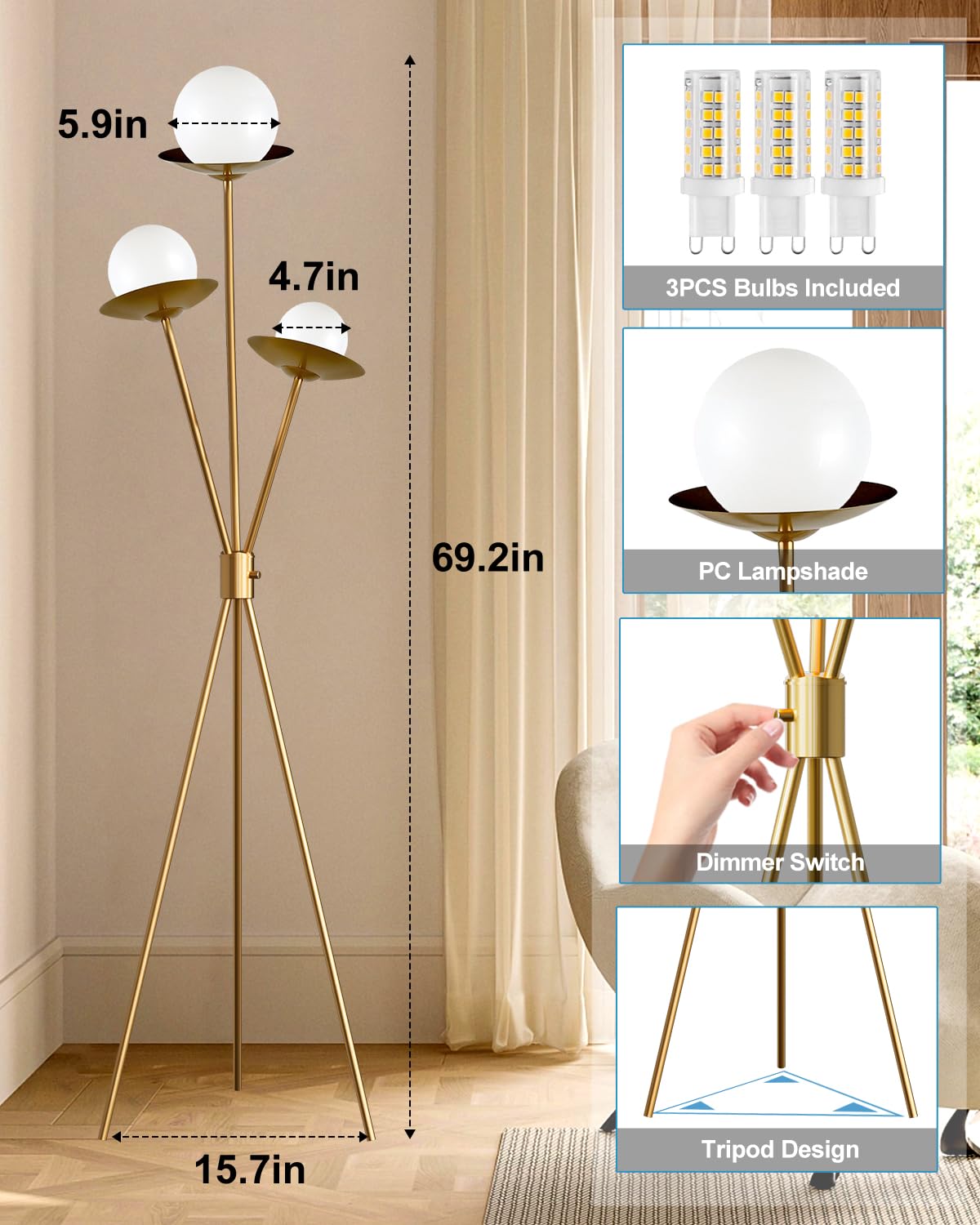 3 Globe Dimmable Tripod Floor Lamp