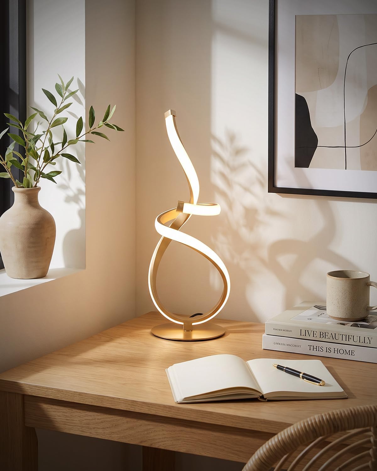Gold Cool Table Lamps Set of 2, Modern LED Spiral Desk Lights