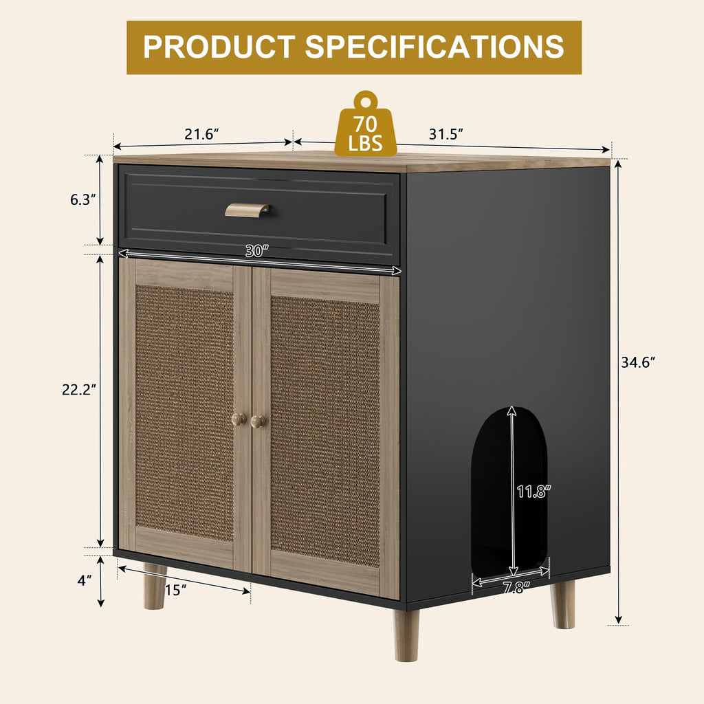 Cat Litter Box Enclosure Furniture Hidden Indoor 2-in-1 Wooden Cat & Washroom Cabinet with Scratching Board Doors and 3 Drawer for 2 Cats, 55"x20"x24"H