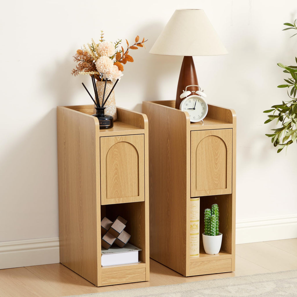 Narrow Carved Wood Nightstands, Set of Two