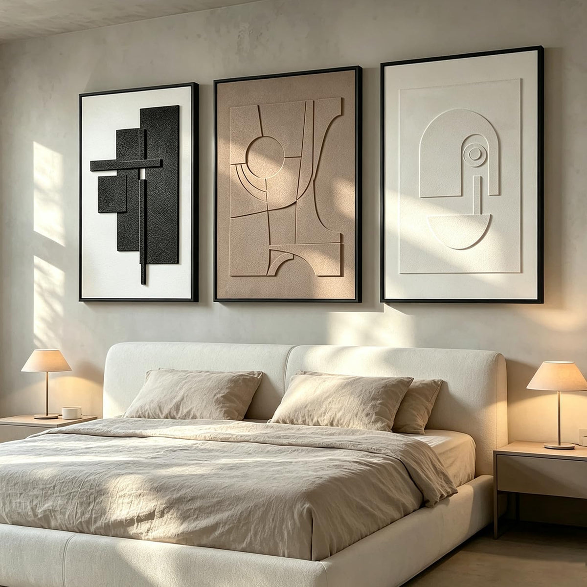 Framed 3D Geometric Sandstone Wall Art – Set of 3