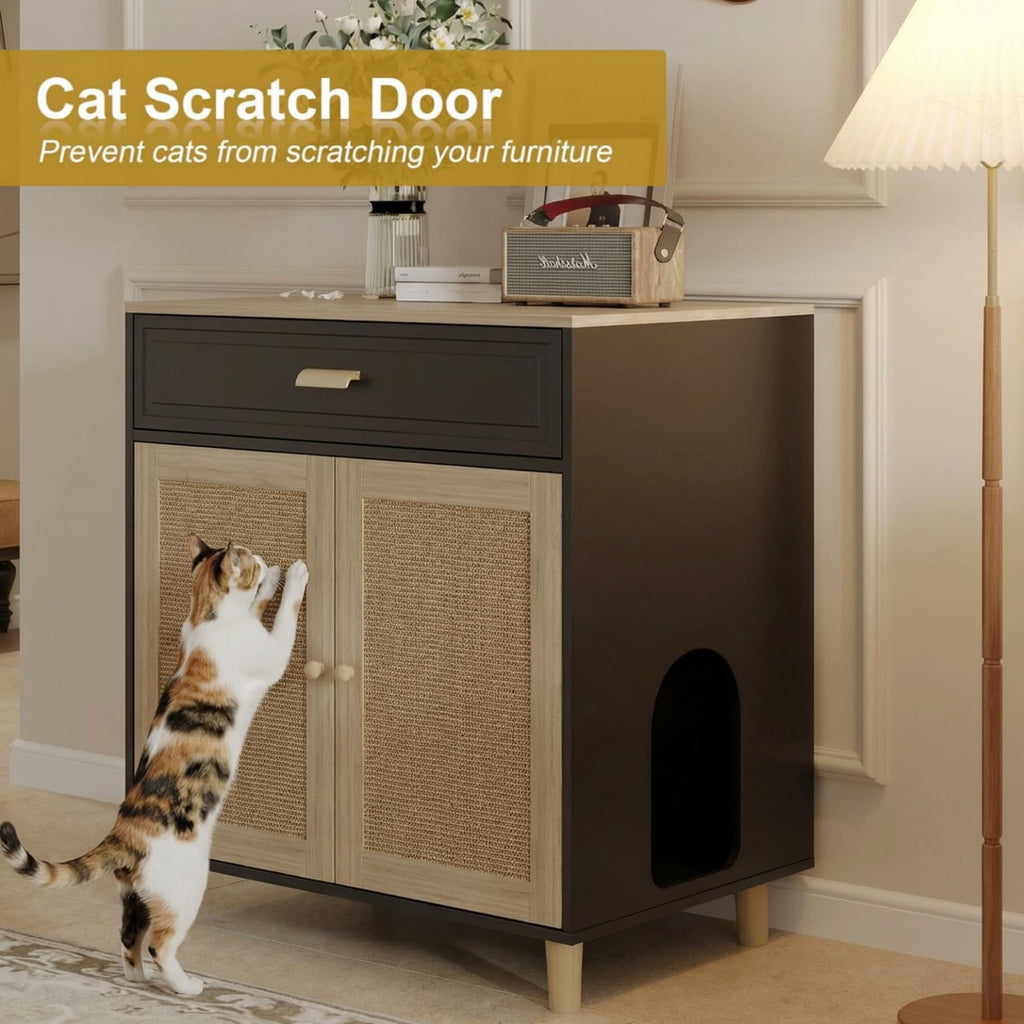 Cat Litter Box Enclosure Furniture Hidden Indoor 2-in-1 Wooden Cat & Washroom Cabinet with Scratching Board Doors and 3 Drawer for 2 Cats, 55"x20"x24"H