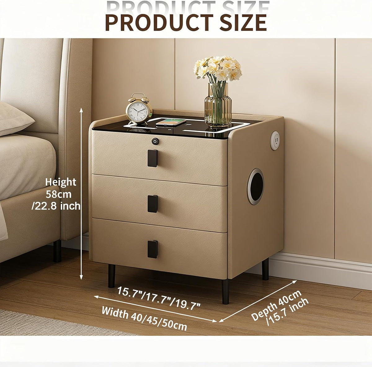 Smart Nightstand with Bluetooth Speaker,Led Nightstands with 3-Drawers and USB-Port,Fingerprint Lock Smart Side Table,3-Colors Lighting Bedside Table