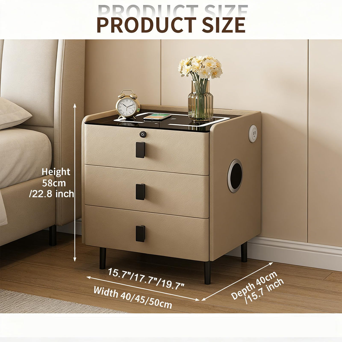 Smart Nightstand with Bluetooth Speaker,Led Nightstands with 3-Drawers and USB-Port,Fingerprint Lock Smart Side Table,3-Colors Lighting Bedside Table