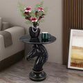 Modern End Table Living Room Black Horse Statue Base Faux Marble Night Stand 20"