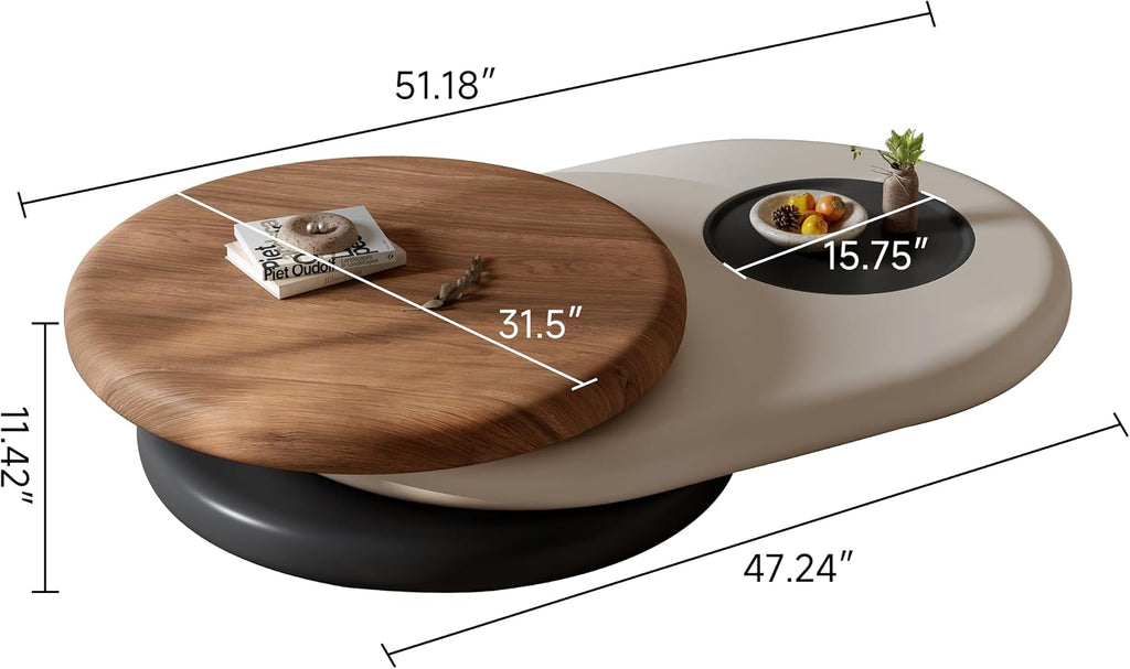 3‑Color Modern Coffee Table for Living Room, Rotating Walnut Veneer Tray