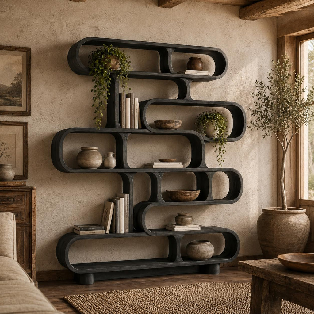 Sculptural Wood Bookshelf, Curved Solid Wood Bookcase for Living Room or Office, Modern Display Storage Shelf (Option 4)