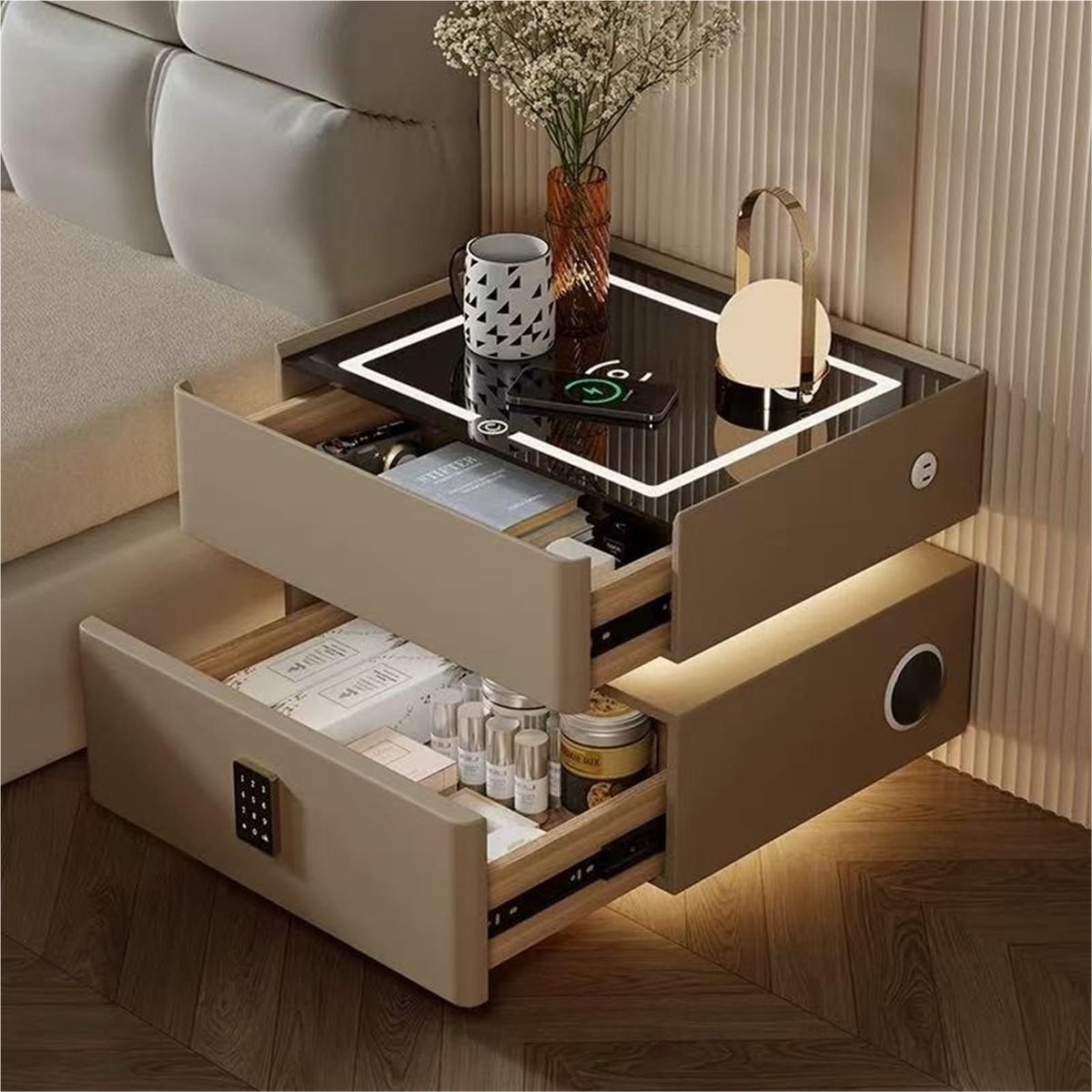 LED Smart Nightstand with 2 Drawers, Side Table, Modern Floating Nightstand for Bedroom and Living Room, Gray, 11.8"x15.7"x18.9"