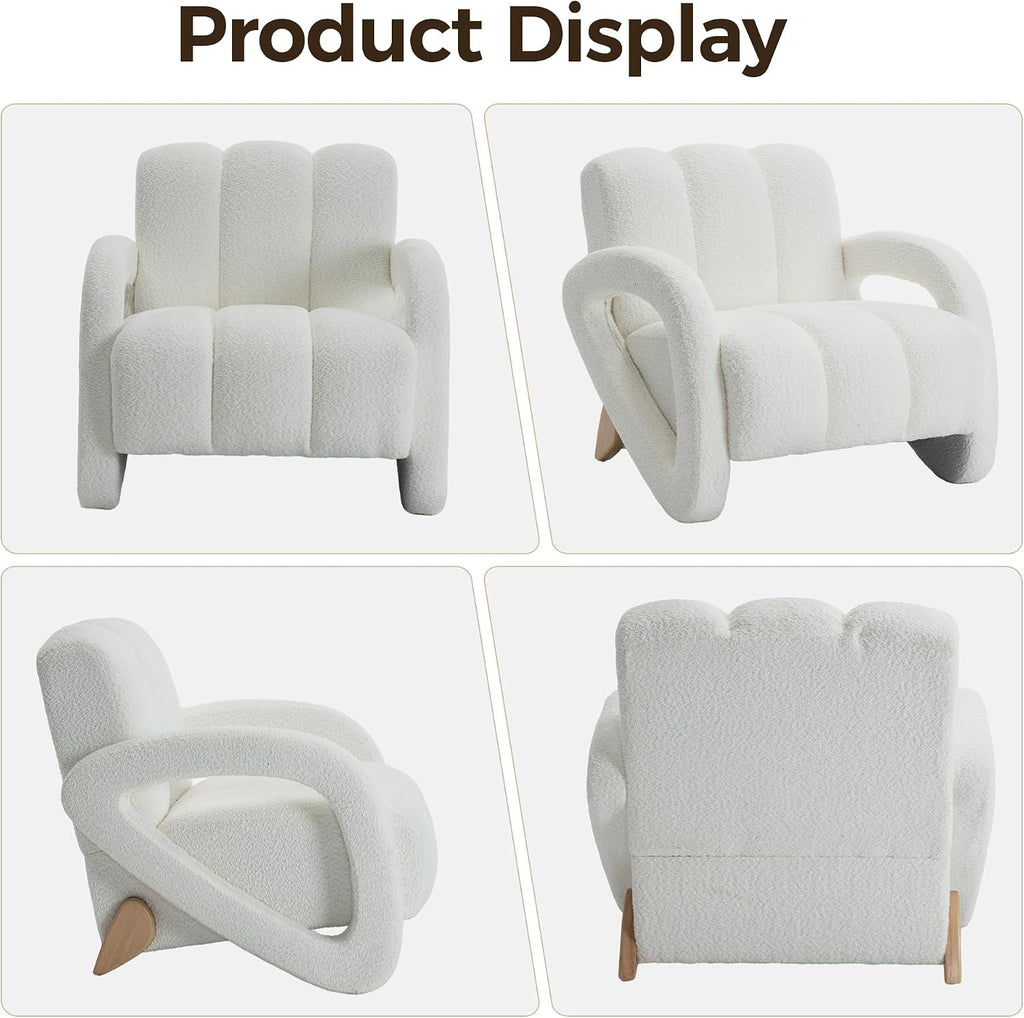 Mid Century Modern Accent Chair Set of 2 with Solid Wood Frame, Upholstered Living Room Chairs with Thick Cushion, Boucle Tufted Armchair for Bedroom, Reading Room, Ivory