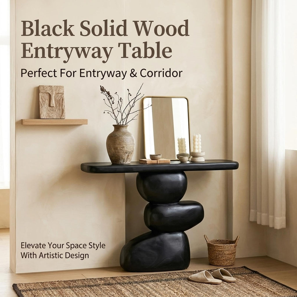 Entryway Console Table, Solid Wood, Cobblestone Round