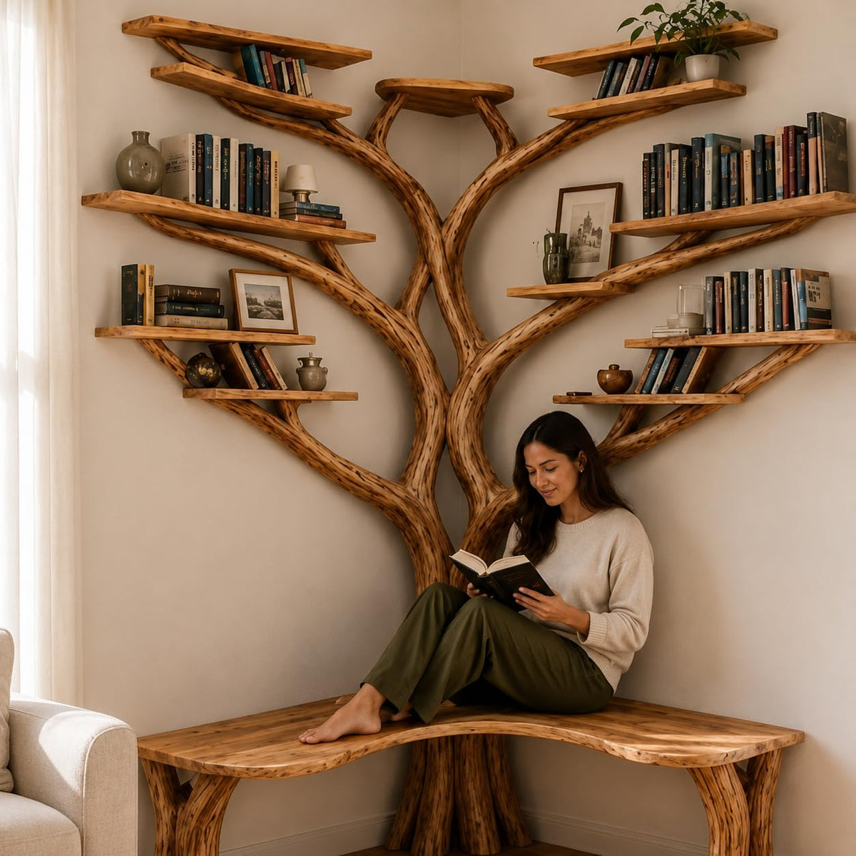 Handcrafted Natural Wood Corner Tree Bookshelf, Rustic Tree Branch Corner Shelf for Living Room Bedroom, Custom Wood Corner Wall Shelf with Multi-Tier Display Storage
