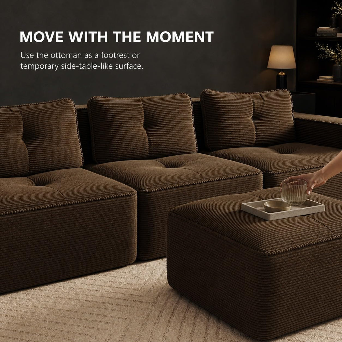 Camel Couch, Corduroy Couch, Boneless Modular Sectional Sofa Set, 5-Seat, Oversized