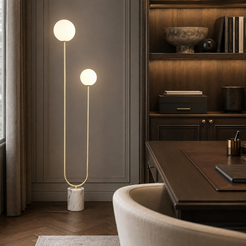 Mid-Century Modern U-Shaped Floor Lamp with Frosted Glass Shades