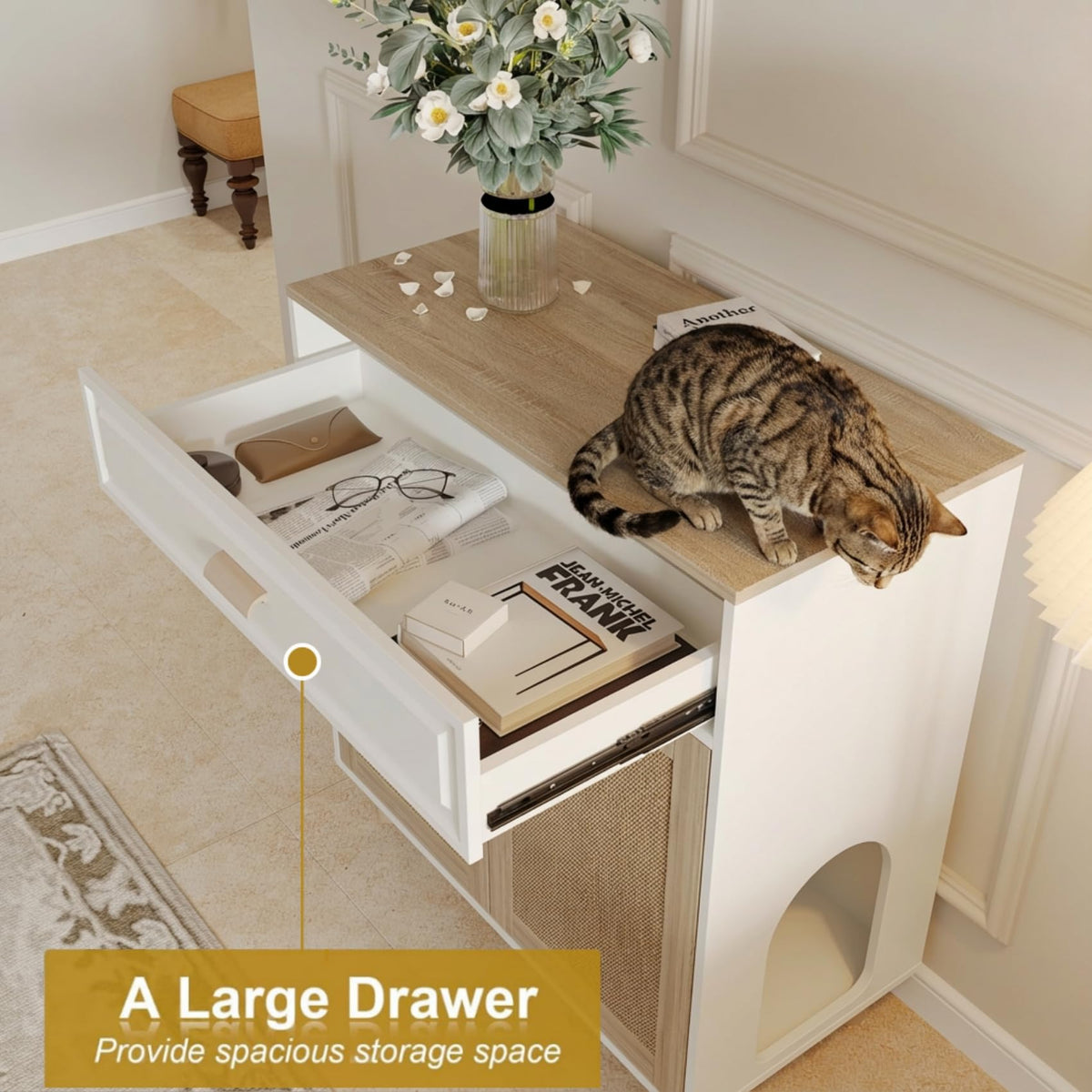 Cat Litter Box Enclosure Furniture Hidden Indoor 2-in-1 Wooden Cat & Washroom Cabinet with Scratching Board Doors and 3 Drawer for 2 Cats, 55"x20"x24"H