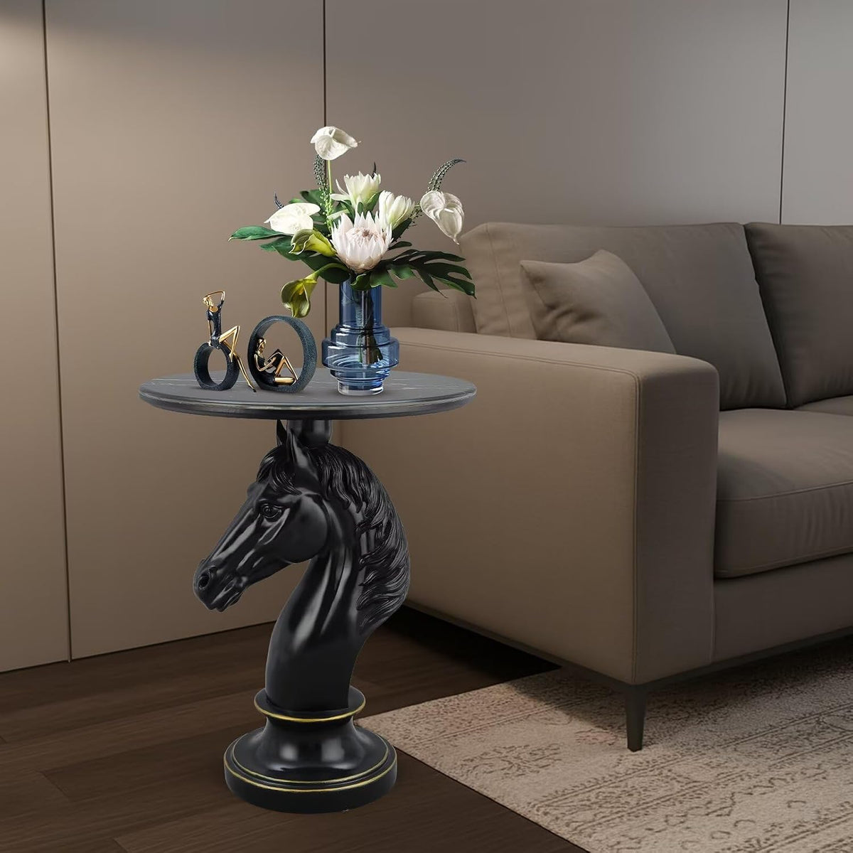 Modern End Table Living Room Black Horse Statue Base Faux Marble Night Stand 20"