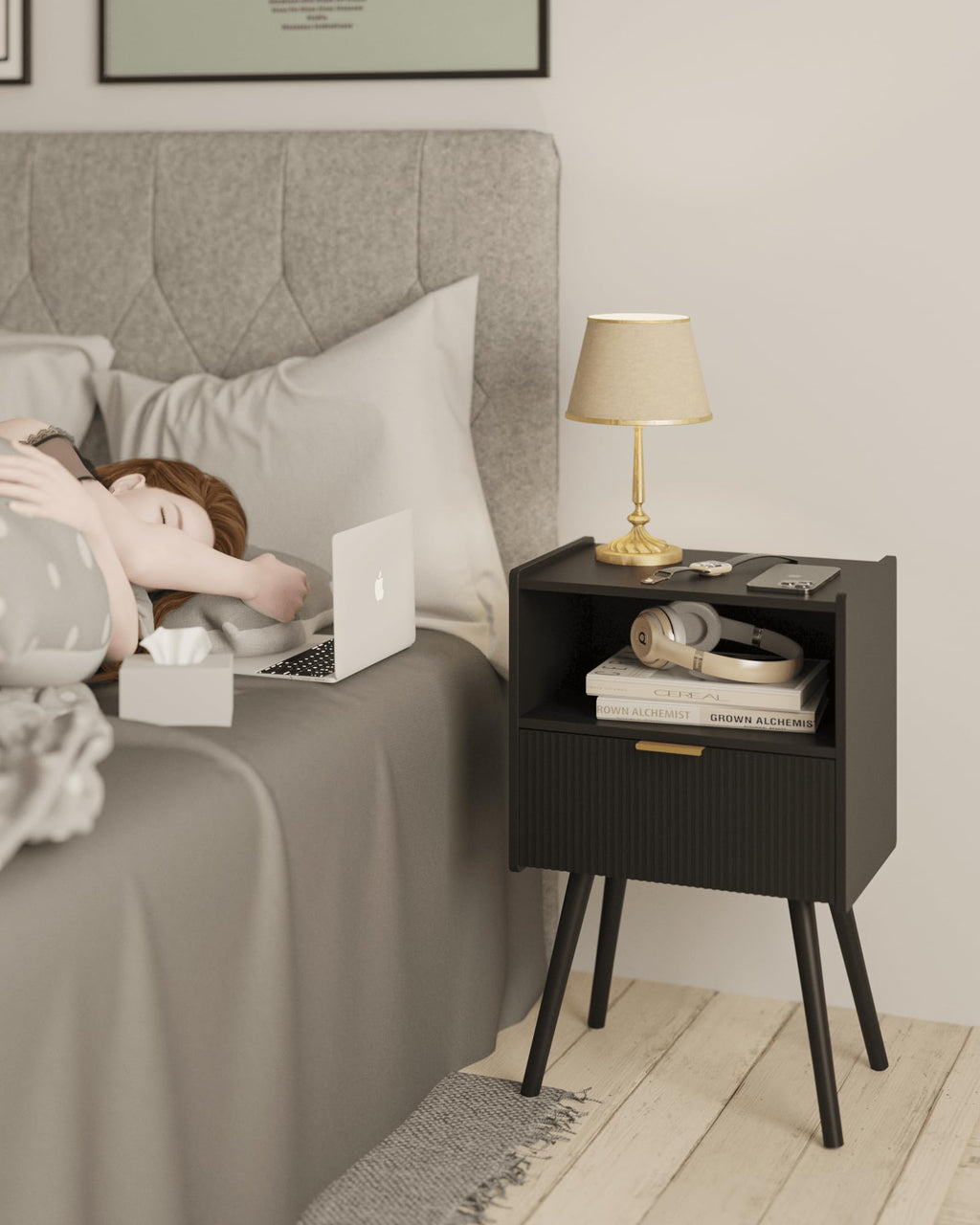 Modern Nightstand with Drawer & Open Shelf