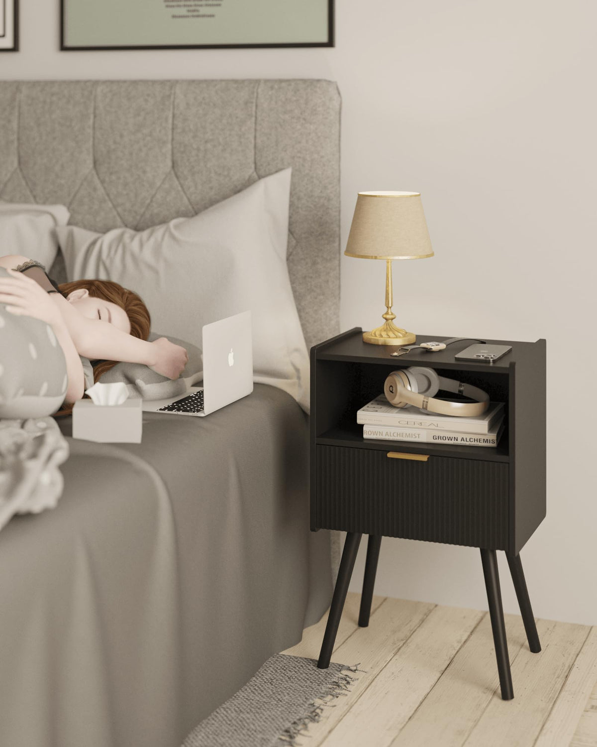 Modern Nightstand with Drawer & Open Shelf