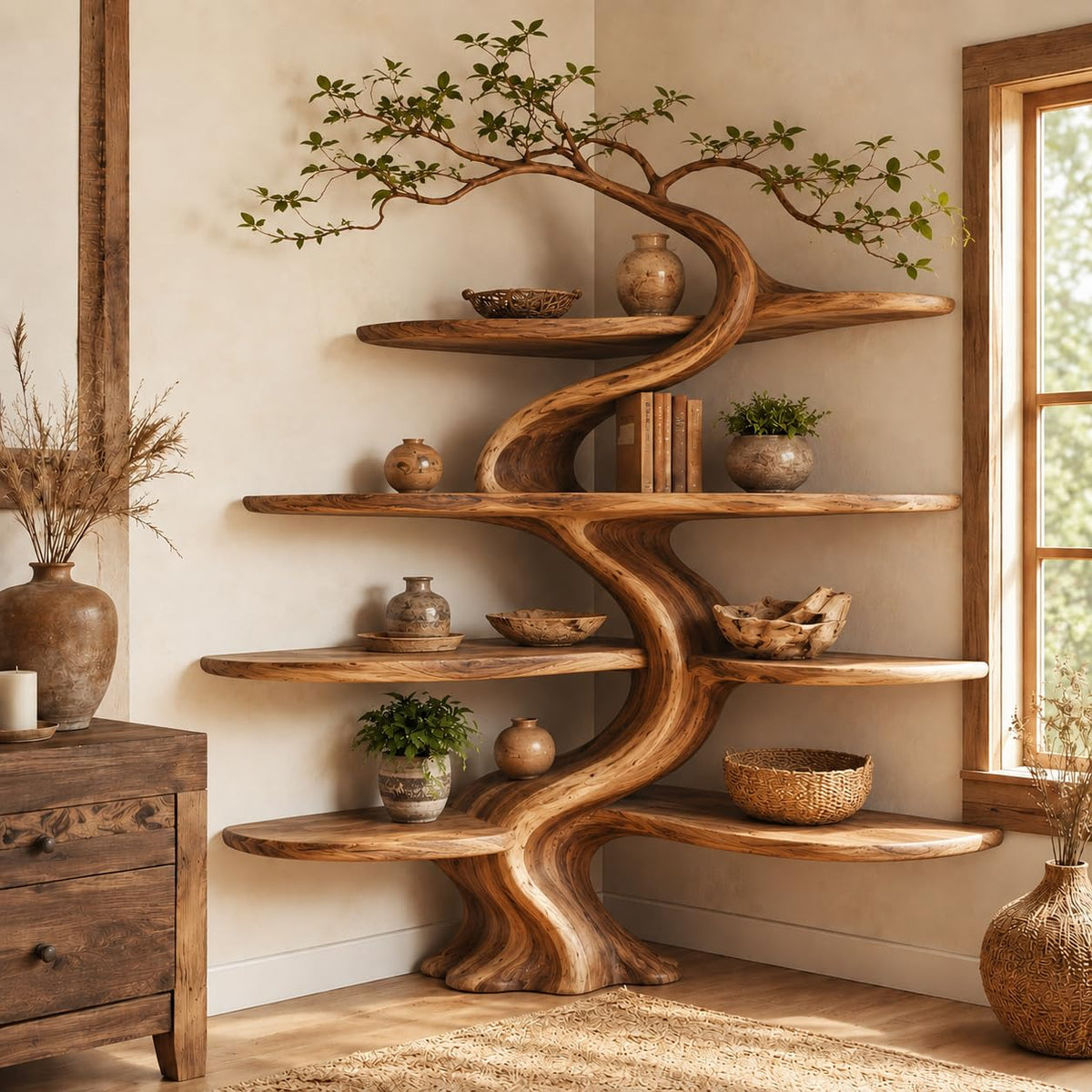 Handcrafted Natural Wood Corner Tree Bookshelf, Rustic Tree Branch Corner Shelf for Living Room Bedroom, Custom Wood Corner Wall Shelf with Multi-Tier Display Storage