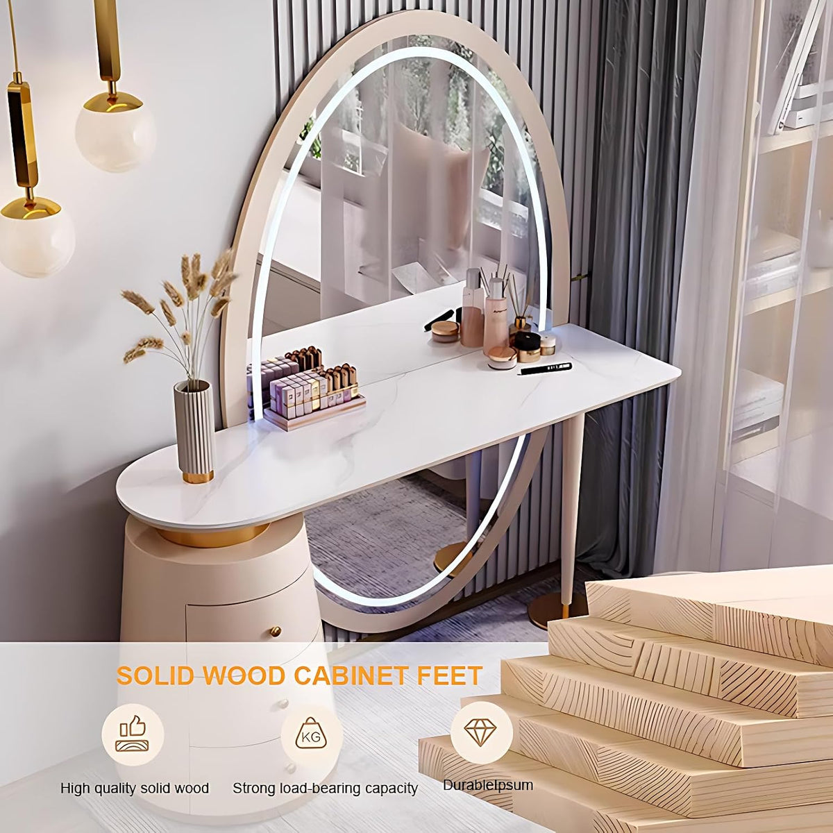 Off-White Solid Wood Vanity Set with LED Mirror