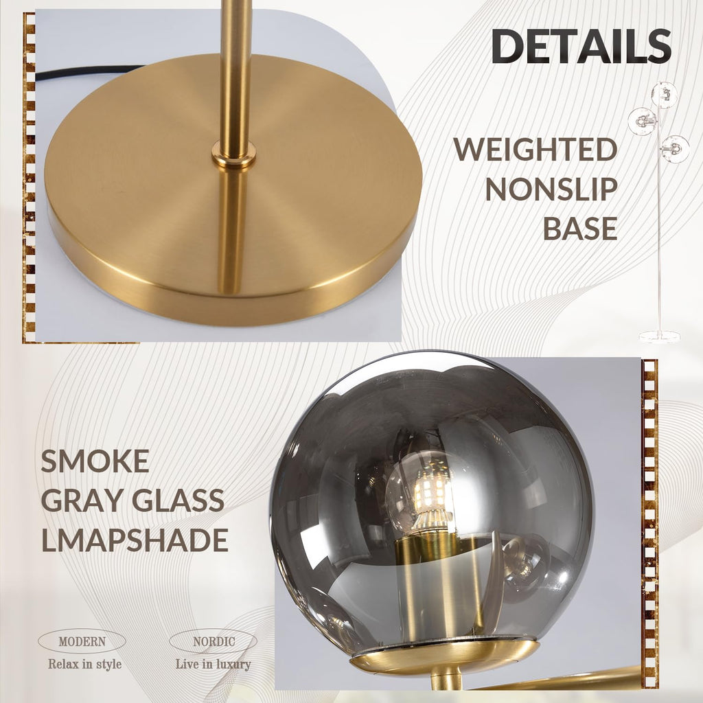 BOKT Gold 5-Light 67'' Tall Floor Lamp Smoked Glass Globes Standing Lamp