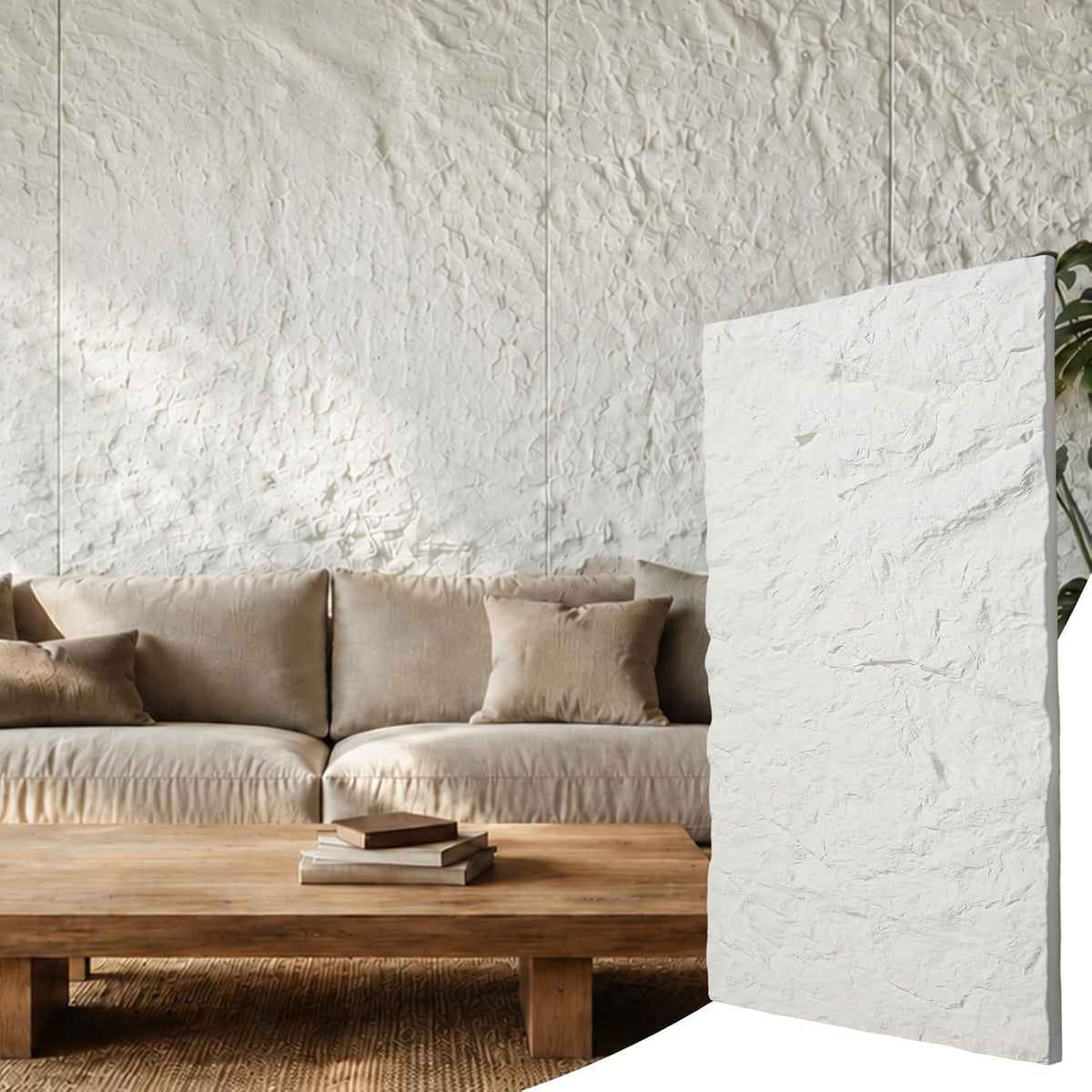 Diflart 3D Faux Stone PU Wall Panels for Interior Decor, White, 4 PCS