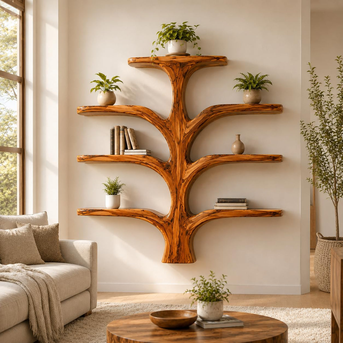 Contemporary Wooden Tree Bookcase, Wall Mounted Branch Display Shelf with 8" D Open Storage for Living Room, Office & Plant Decor (Option 3)