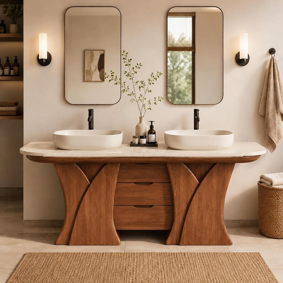 Freestanding Double-Sink Vanity with Vessel Sinks & Mirrors