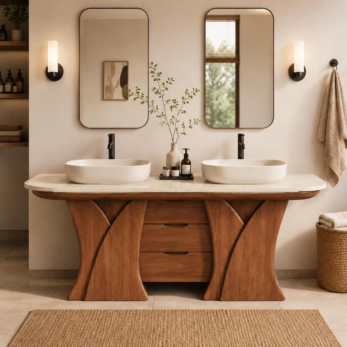 Freestanding Double-Sink Vanity with Vessel Sinks & Mirrors