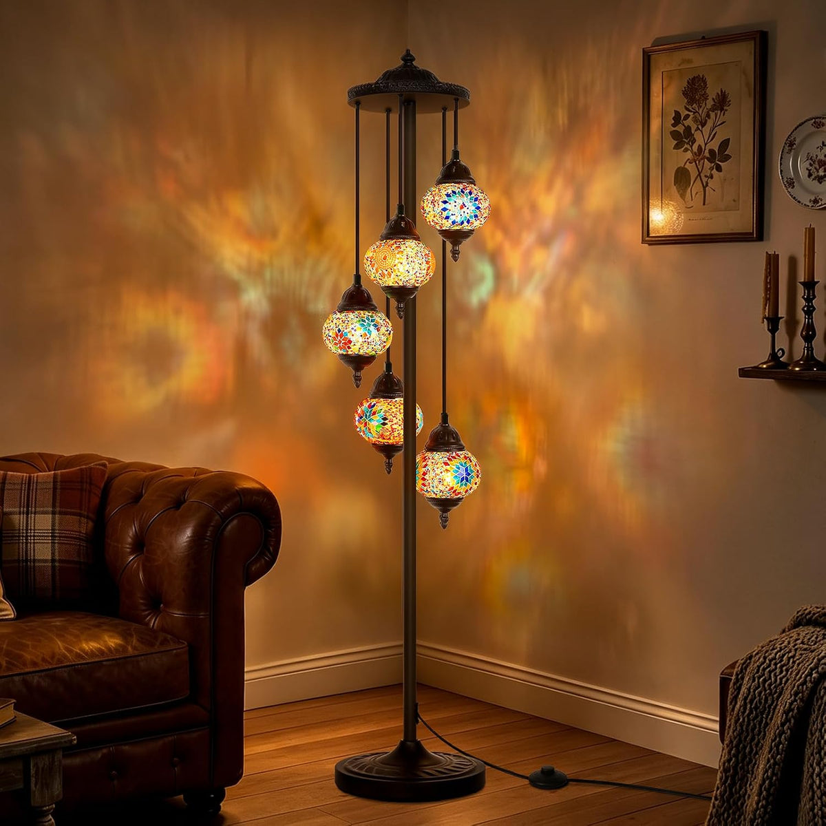Turkish Mosaic Floor Lamp, 5 Globes Moroccan Lamp Stained Glass