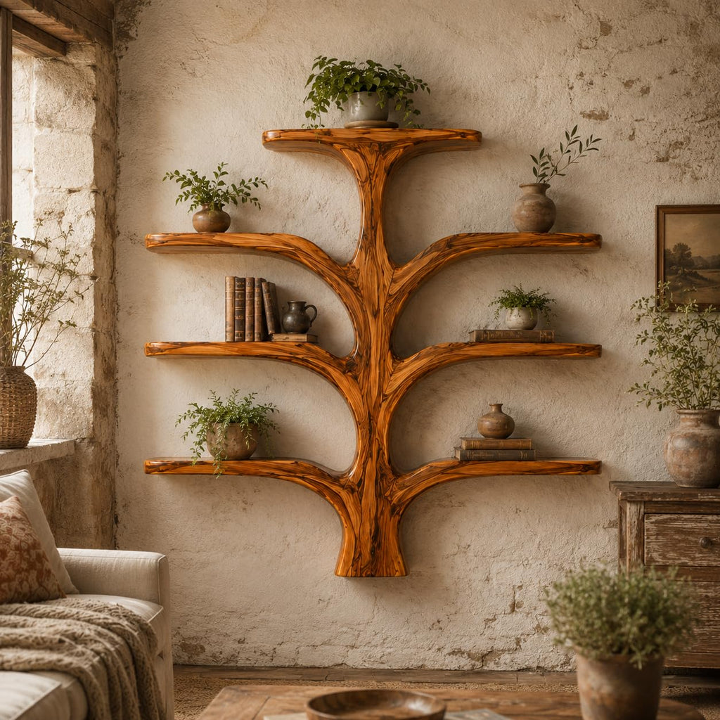 Contemporary Wooden Tree Bookcase, Wall Mounted Branch Display Shelf with 8" D Open Storage for Living Room, Office & Plant Decor (Option 3)