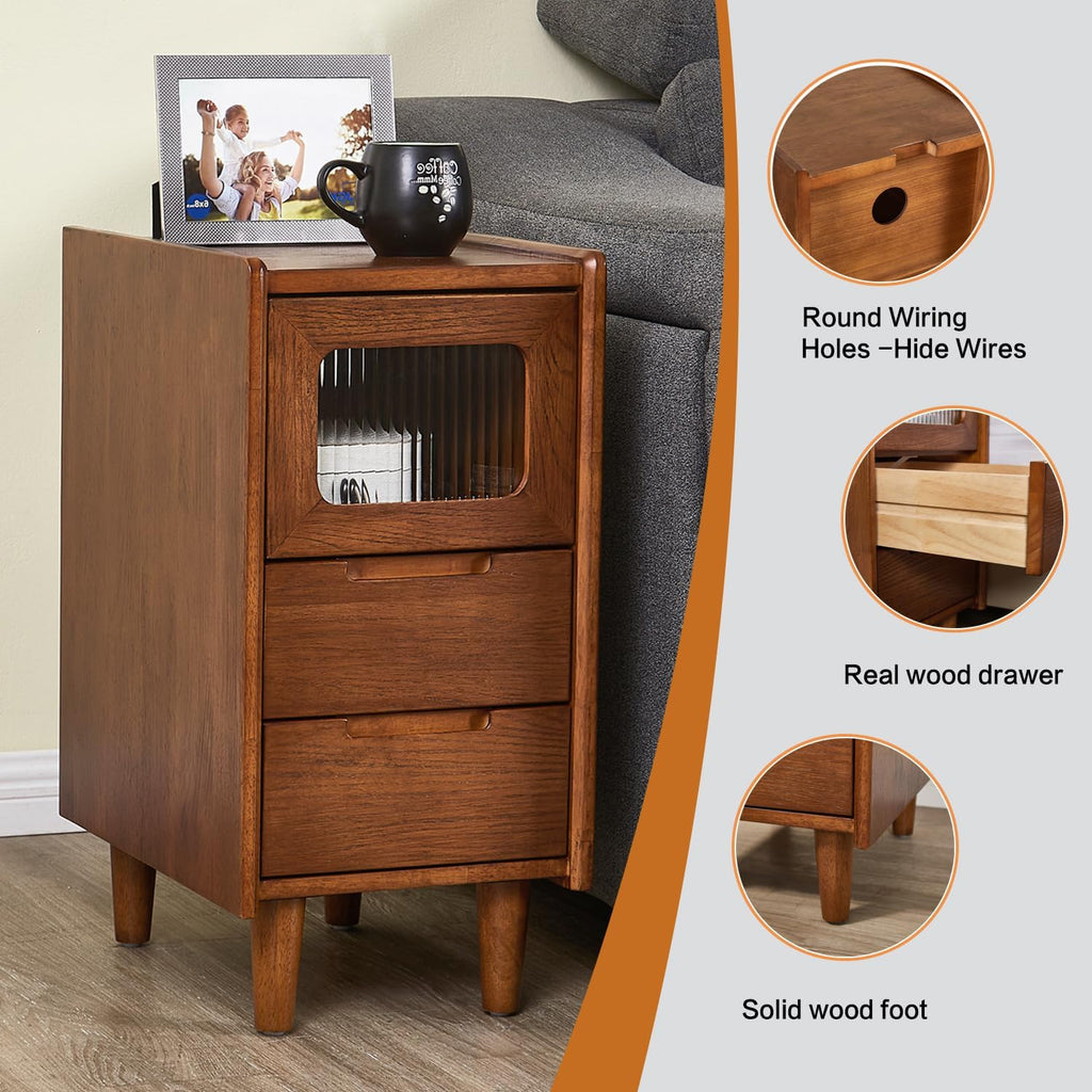 Rubberwood Nightstand with Fluted Glass Door