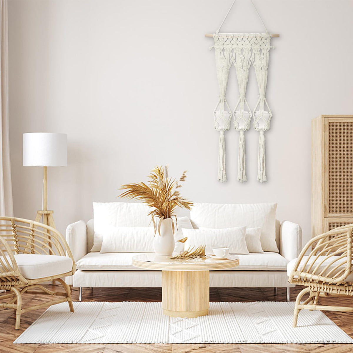 Macramé Wall Shelf with Three Glass Vases