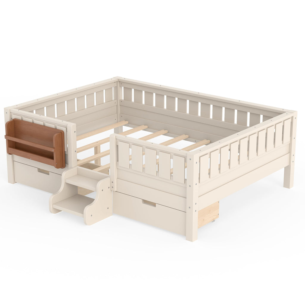 Montessori Bed with Stairs, Bookshelf & Storage Drawers