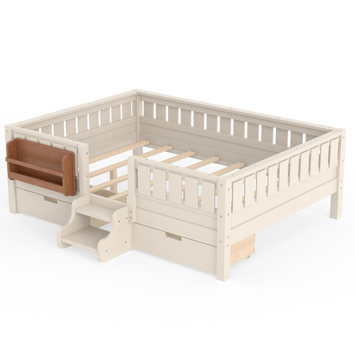 Montessori Bed with Stairs, Bookshelf & Storage Drawers