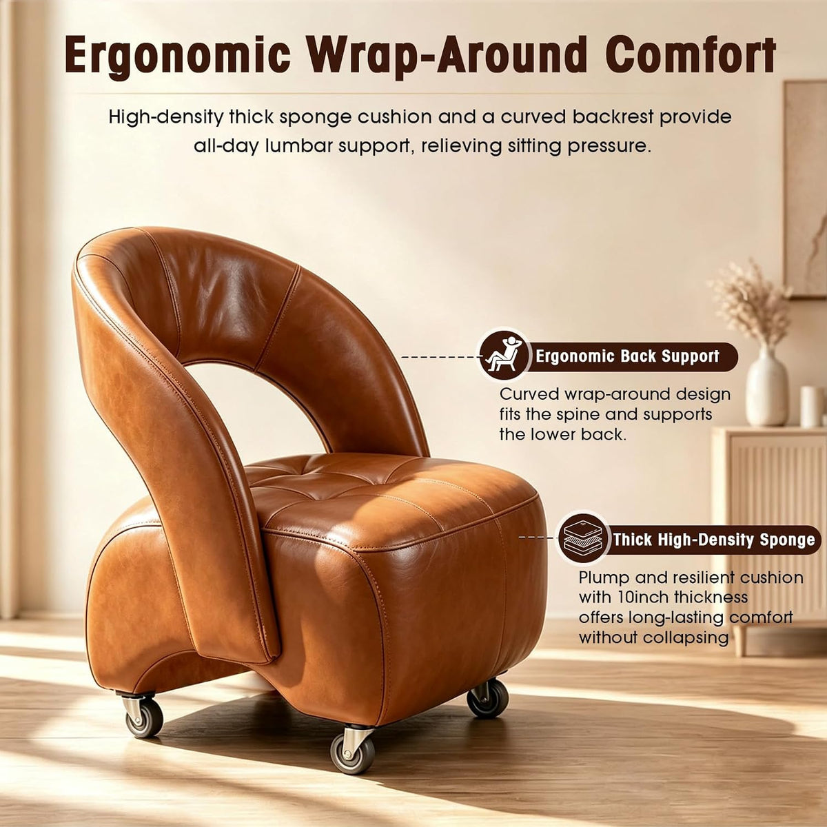 Vintage Faux Leather Rolling Chair with Curved Backrest