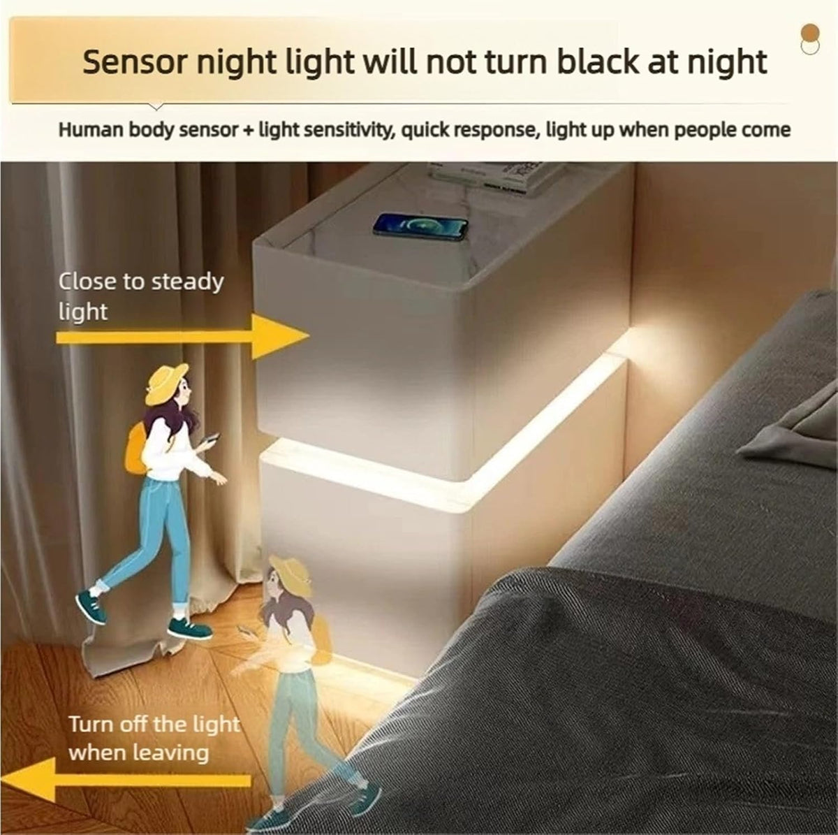 LED Smart Nightstand with 2 Drawers, Side Table, Modern Floating Nightstand for Bedroom and Living Room, Gray, 11.8"x15.7"x18.9"