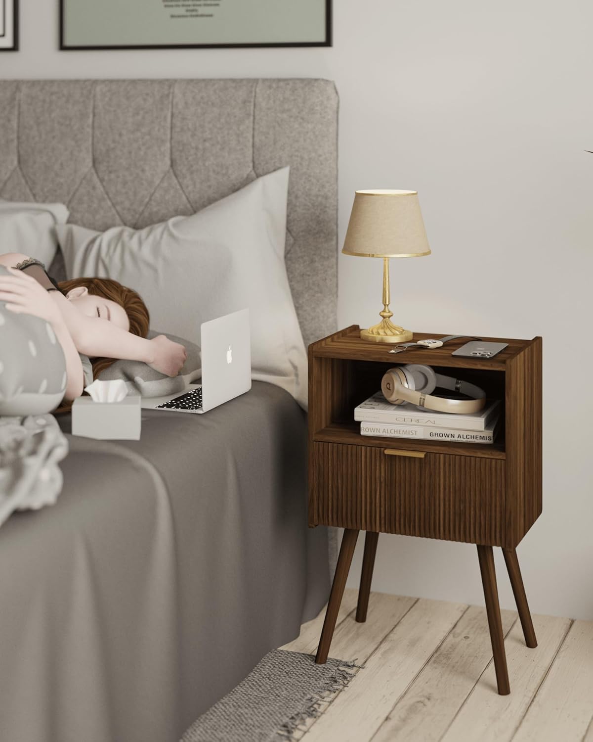 Modern Nightstand with Drawer & Open Shelf