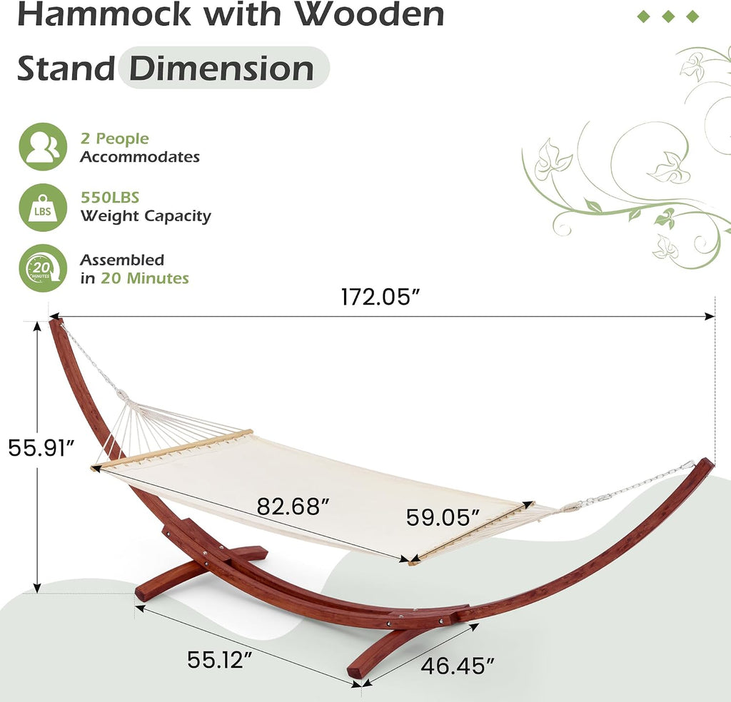 ECOTOUGE 14FT Wooden Double Hammock with Stand 2 Person Heavy Duty
