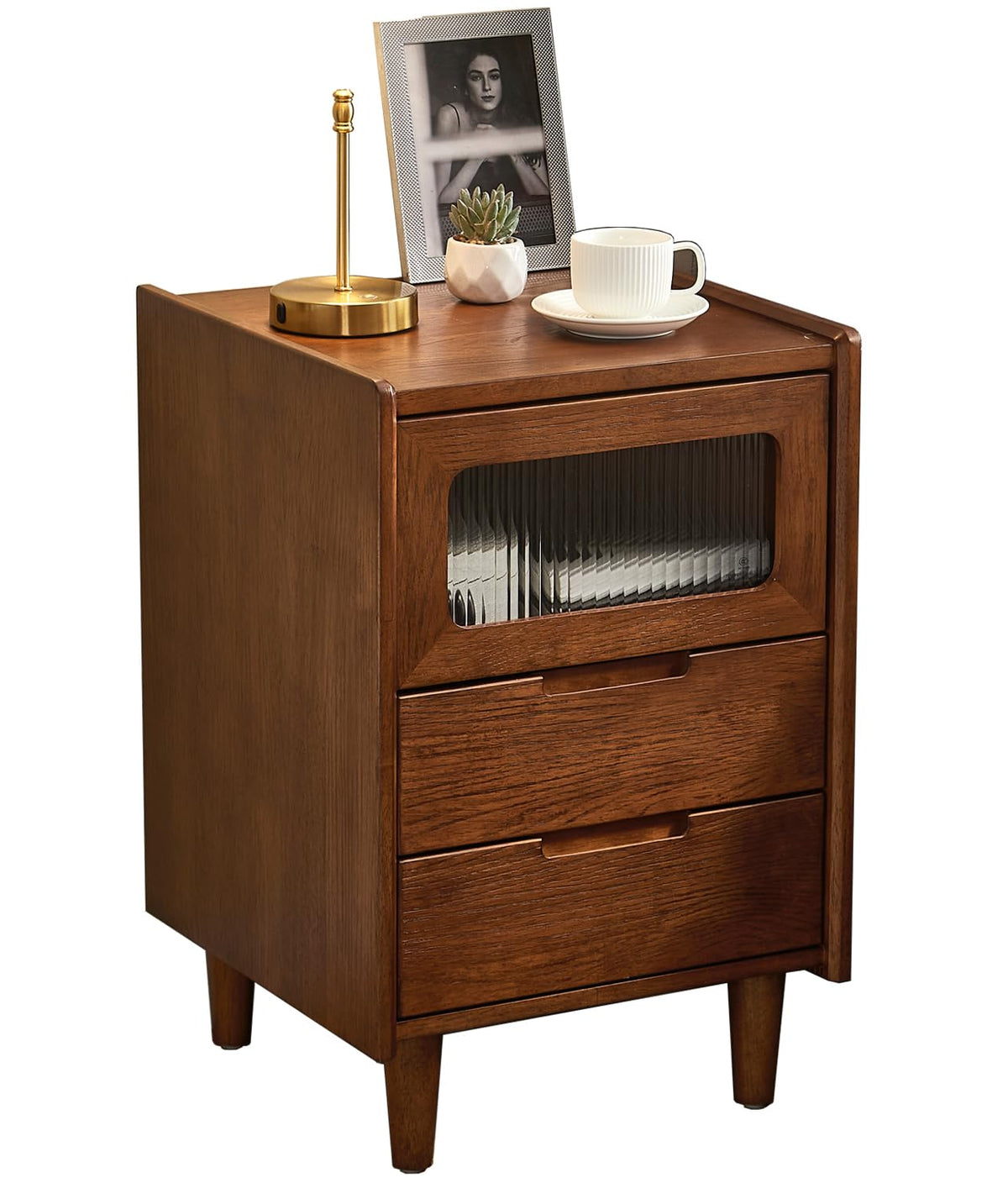 Rubberwood Nightstand with Fluted Glass Door