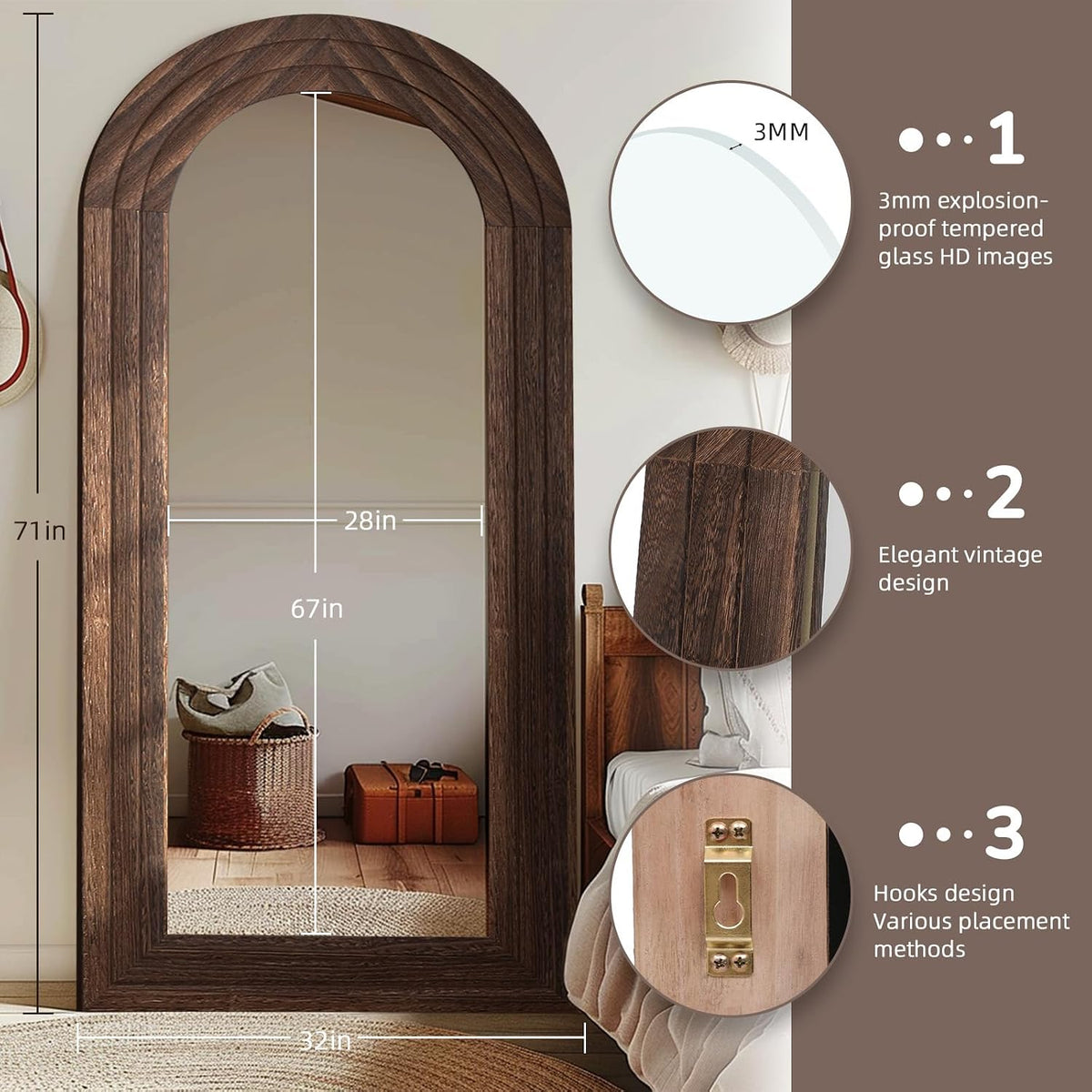 Arched Solid Wood Full-Length Mirror