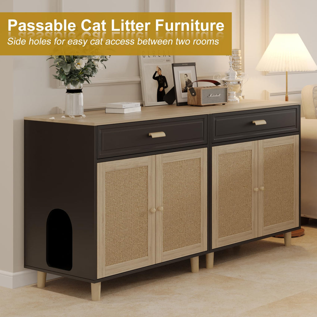 Cat Litter Box Enclosure Furniture Hidden Indoor 2-in-1 Wooden Cat & Washroom Cabinet with Scratching Board Doors and 3 Drawer for 2 Cats, 55"x20"x24"H