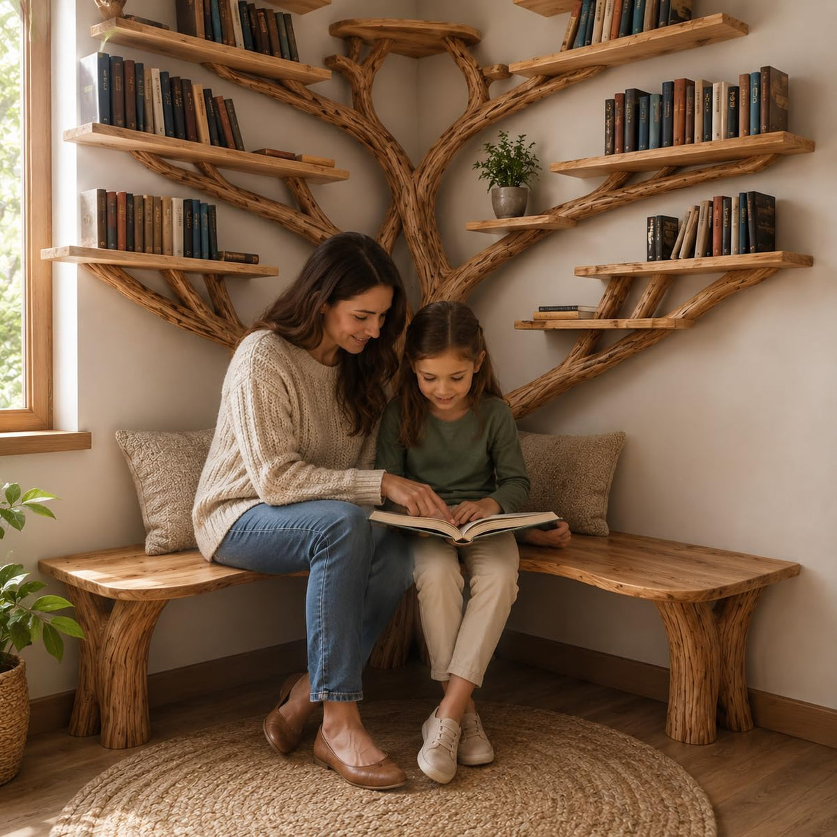 Handcrafted Natural Wood Corner Tree Bookshelf, Rustic Tree Branch Corner Shelf for Living Room Bedroom, Custom Wood Corner Wall Shelf with Multi-Tier Display Storage
