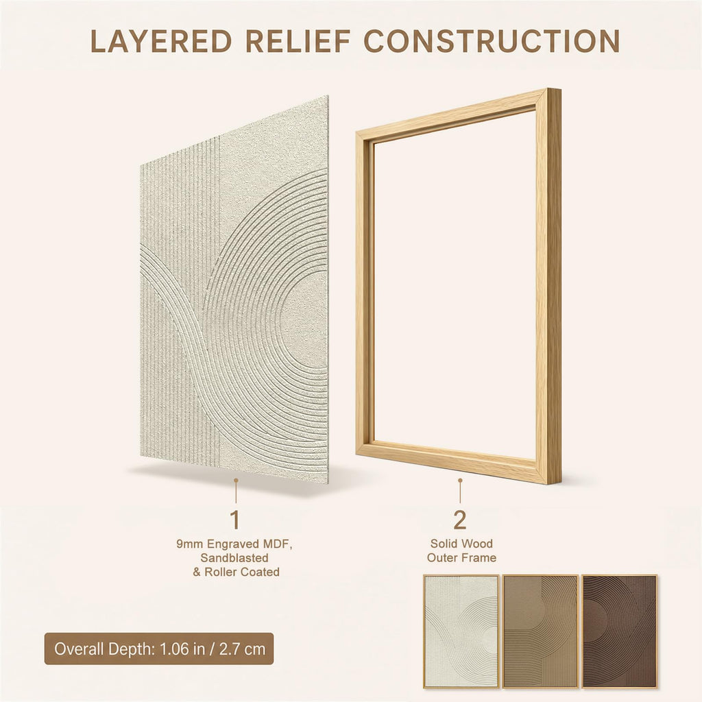 Abstract Geometric Relief Wall Art – Framed Triptych