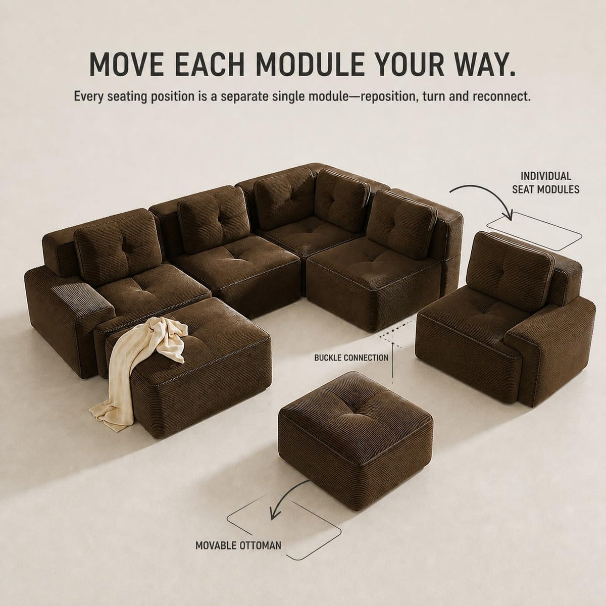 Camel Couch, Corduroy Couch, Boneless Modular Sectional Sofa Set, 5-Seat, Oversized