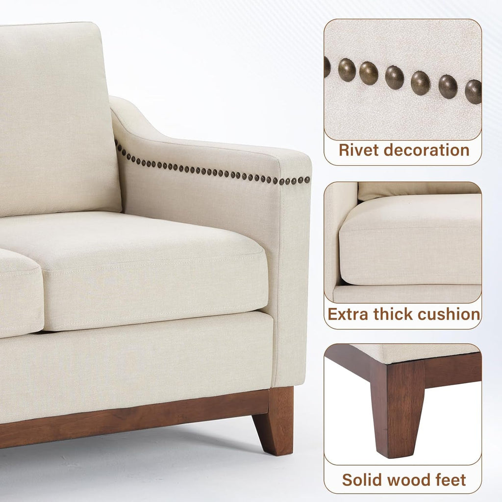 Beige Three-Seat Sofa with Nailhead Trim