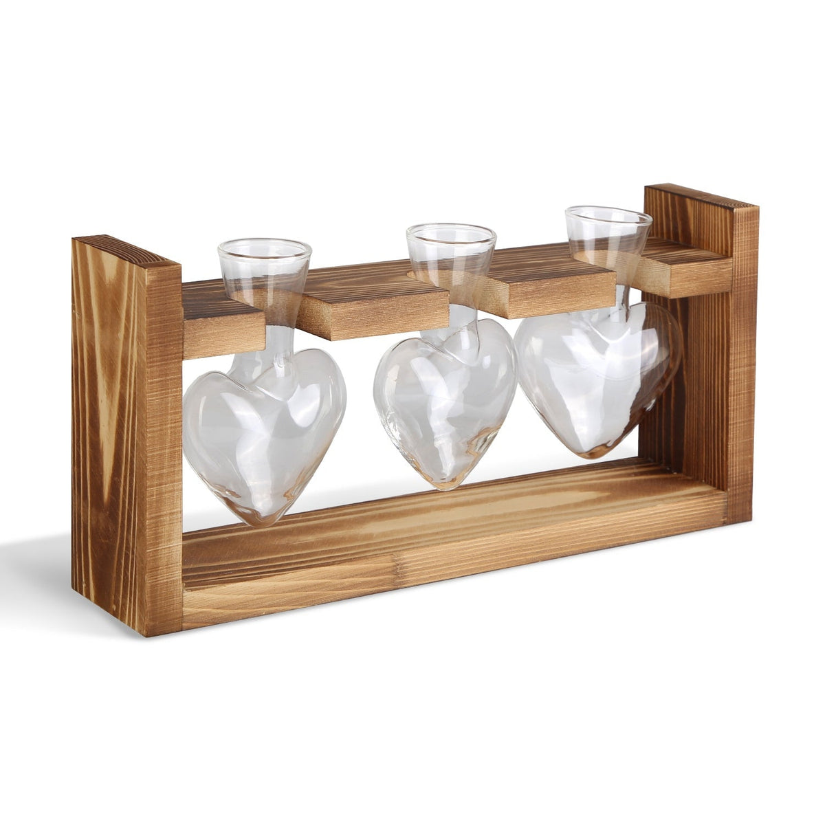 Plant Terrarium Propagation Station with 3 Heart Shaped Vases Wooden Stand Desktop