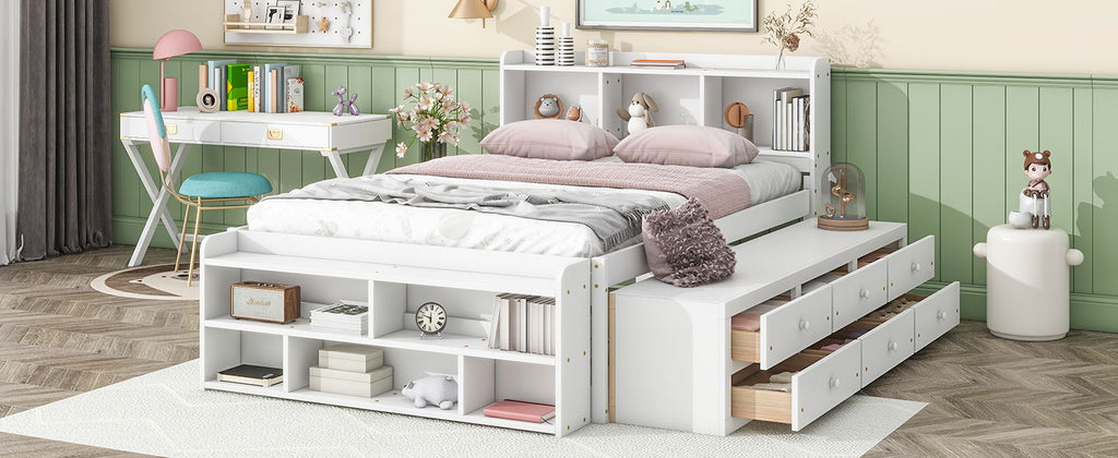 Storage Bed with Bookcase Headboard & Drawers
