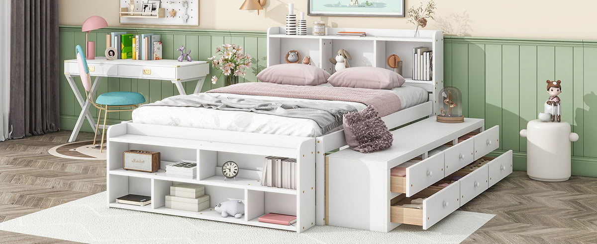 Storage Bed with Bookcase Headboard & Drawers